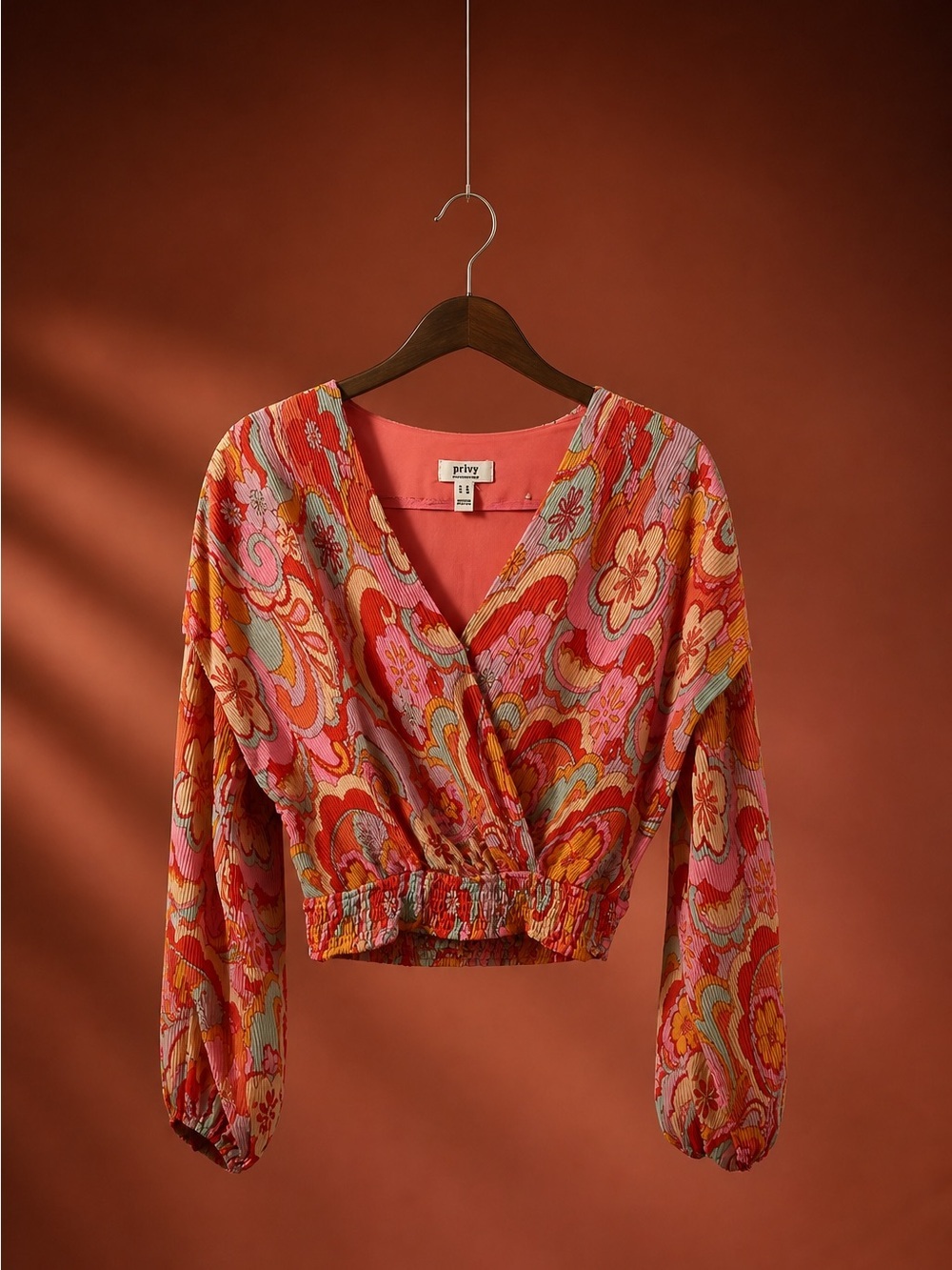 privy Retro Floral Cropped Blouse in Coral, Pink and Yellow